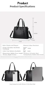 Spécifications de taille détaillées et agencement intérieur du sac en cuir noir grainé