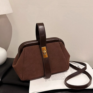 Retro frosted shell handbag in dark brown suede with a metal clasp and leather strap