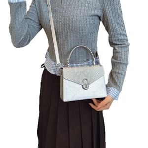 Silver PU leather shoulder bag with grey snakeskin flap and metal rotary buckle