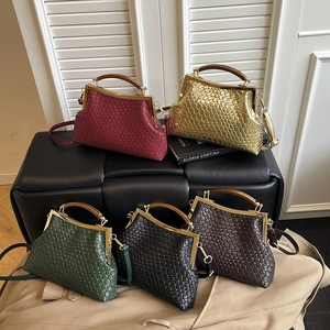 Sac À Main Rétro Pour Femmes En Cuir PU Tressé Avec Fermoir À Baiser Cadre Métallique Et Poignée En Bois