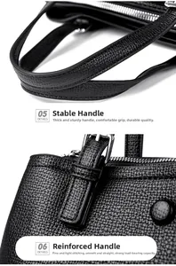 Détails des poignées renforcées et coutures précises sur le sac en cuir noir grainé