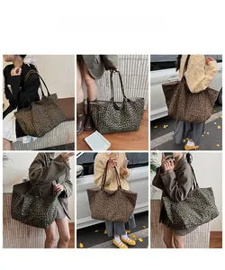 Multiple views of large leopard print tote bags in brown and olive canvas for daily commute