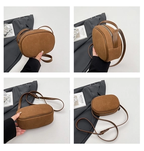 Detail views of brown suede crossbody bag with adjustable strap and zip closure