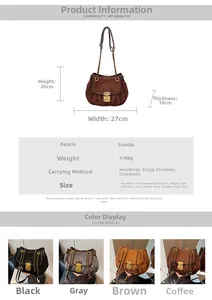 Size chart for women's suede shoulder bag with detailed dimensions and 4 color options