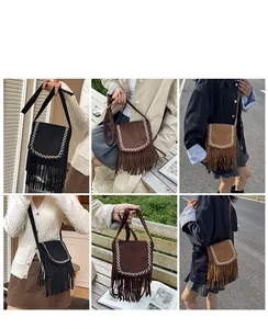 Dettagli di borse a tracolla boho con frange nei toni del nero, marrone scuro e chiaro