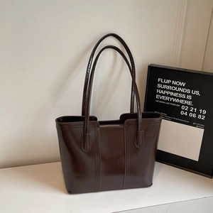 Deep coffee glossy leather tote bag with large capacity and minimalist vintage design