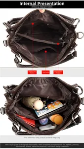 Detail view of the brown tote bag interior featuring multiple compartments and zip pockets