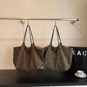 Large Capacity Leopard Print Canvas Tote Bag Vintage Retro Korean Fashion Shoulder Handbag For Women Daily Commute