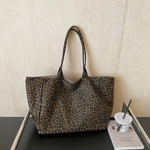 Retro leopard print large canvas tote bag for women with stylish shoulder straps