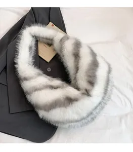Detail showing white and gray striped faux fur scarf on a stylish gray blazer jacket
