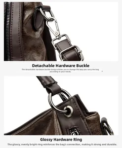 Close-up of detachable silver metal buckle and reinforced rings on brown retro tote bag