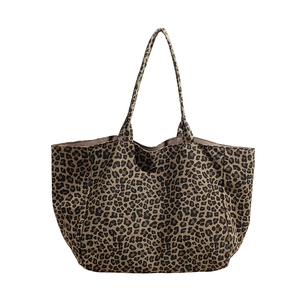 Retro leopard print canvas tote bag with large capacity and dual shoulder straps