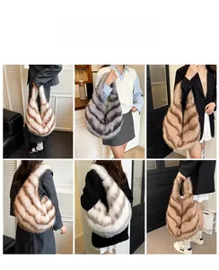 Collage of model carrying a large striped faux fur hobo bag in various autumn colors