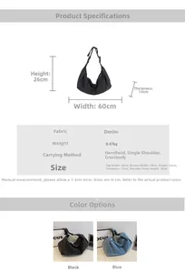 Detailed size chart and dimensions for the large denim crescent shoulder and crossbody bag