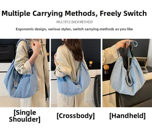 Three ways to wear the light blue denim crescent bag: shoulder, crossbody, and handbag