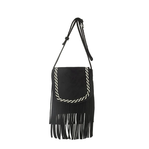 Borsa a tracolla boho in camoscio nero con frange e bordo intrecciato a mano