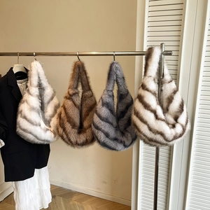Striped Faux Fur Hobo Bag Soft Plush Large Capacity Underarm Tote For Women Winter Fashion