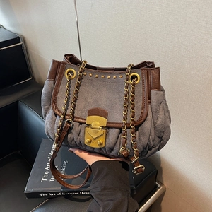 Chic 2025 grey suede chain crossbody bag with pleated texture and vintage gold buckle
