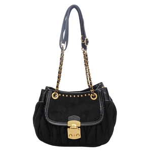 Black textured shoulder bag with gold rivets, chain strap and square buckle closure