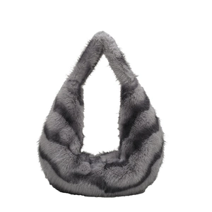 Faux fur plush shoulder bag with striped grey texture in a fluffy fashion style