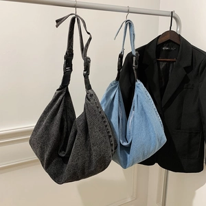 Large Capacity Washed Denim Hobo Bag Casual Vintage Streetwear Crossbody Shoulder Bag With Adjustable Buckle Strap