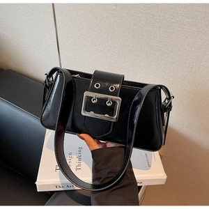 Detailed view of the glossy black PU leather texture with silver metal square buckle buckle