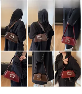 Detailed views of the retro rectangular shoulder bag with silver buckle and crossbody strap