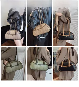 Detailed views of woven texture underarm bags with vintage metal buckle in various colors