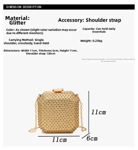 Specifiche dettagliate della borsa da sera con strass dorati e misure della catena