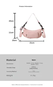 Pink nylon crescent bag dimensions 21x11x10cm with adjustable 120cm strap and pocket