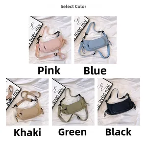 Multi-pocket canvas crossbody bags displayed in pink, blue, khaki, green, and black colors