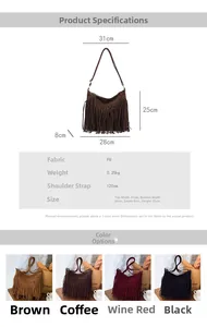Detailed size guide and material specs for the vintage tassel crossbody bag in four colors