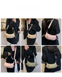 Detail shots of nylon crescent crossbody bags in beige, pink, and green on model