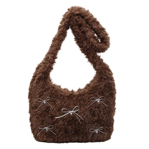 Brown plush shoulder bag with silver bows and heart charms for women winter fashion