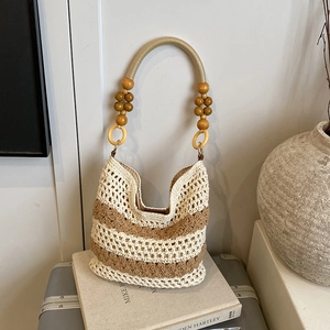 Bohemian hollow woven tote bag with two-tone stripes and wooden bead handle details
