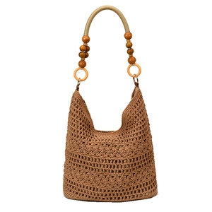Handwoven hollow knit tote bag with boho wooden bead handle and brown crochet diamond pattern
