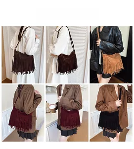 Various colors of bohemian fringe suede tote bags shown on models for daily outfit styling