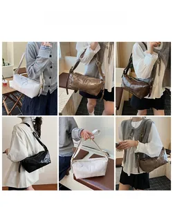 Collage of quilted shoulder bags in four colors showing diverse styling on a model