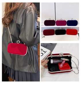 Collage of velvet evening clutch bags with ring handle and internal storage capacity