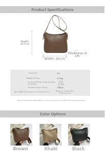 Tableau des tailles et détails du sac à bandoulière vintage en similicuir trois couleurs