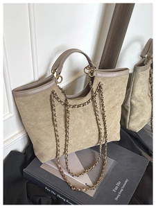 Dettaglio borsa tote beige in pelle scamosciata trapuntata con catene in metallo