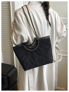 Quilted black tote bag with chain strap shown on model in white coat for fall fashion
