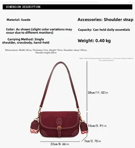 Größentabelle für Wildleder Baguette-Tasche mit Maßen und breitem Schultergurt