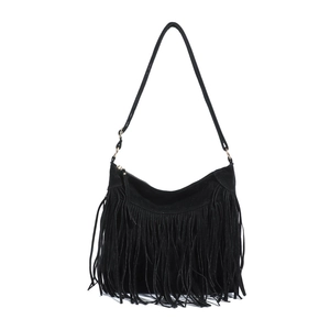Retro black matte suede hobo bag featuring long bohemian tassels and shoulder strap