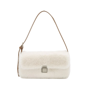 Sac bandoulière minimaliste en fausse fourrure blanche avec bandoulière en cuir marron