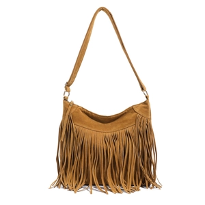 Retro brown suede fringe shoulder bag with long tassels and bohemian design