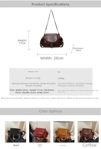 Detail view of quilted PU leather shoulder bag showing dimensions and four color options