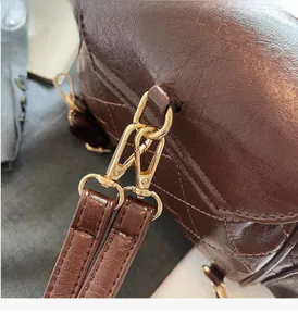Macro shot of gold-tone hardware and quilted brown leather texture on handbag