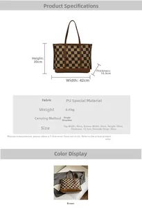 Size chart and technical specifications for the large capacity houndstooth tote bag