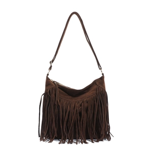 Bohemian brown faux suede tote bag with long tassels and shoulder strap on white background